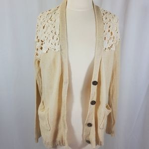 Blu Pepper Women's Knit Cardigan Size M Beige Long Sleeve Lace Accents Button Up